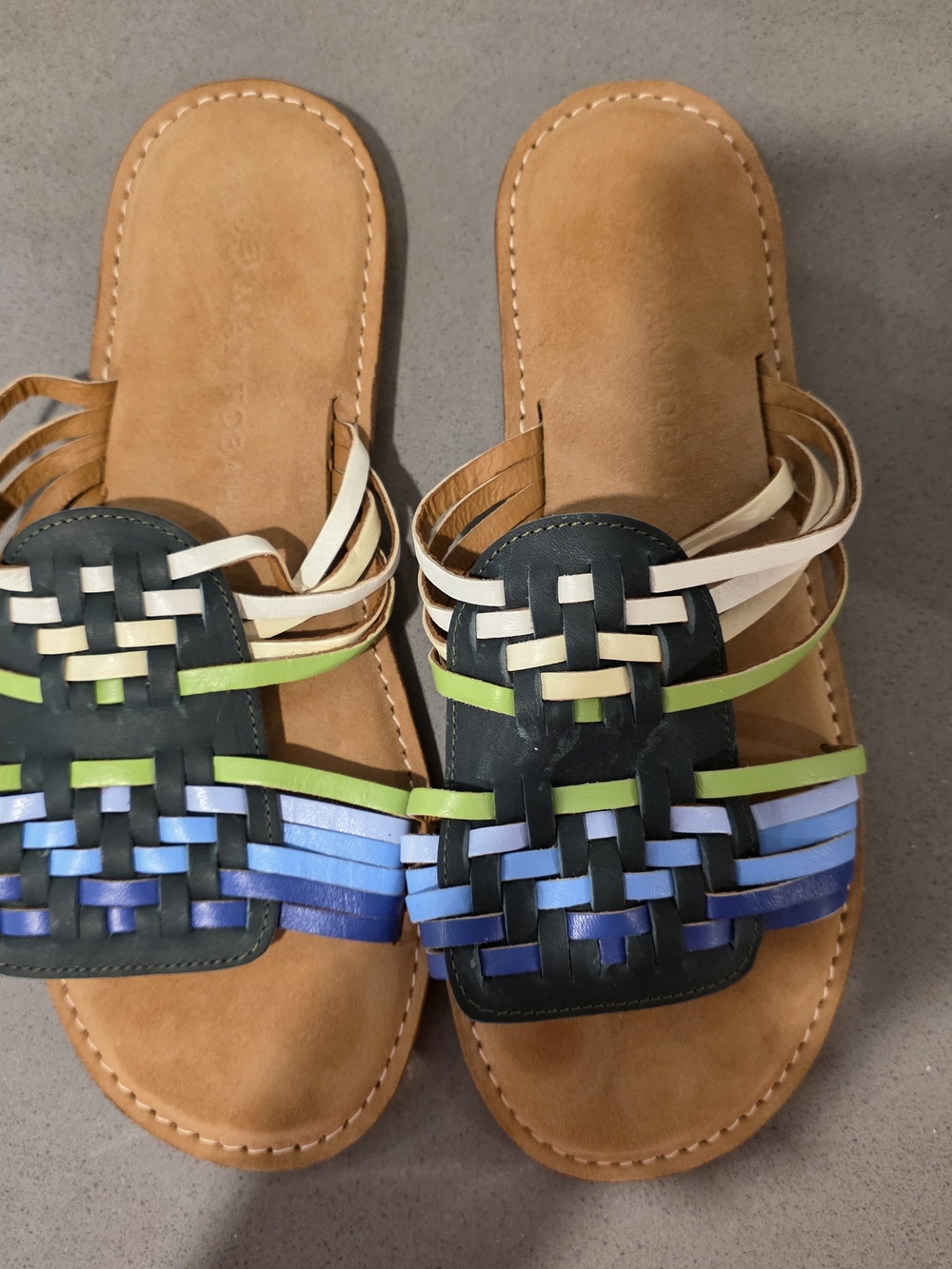 Women’s Multi-Blue Woven Slide Sandals with Tan Footbed